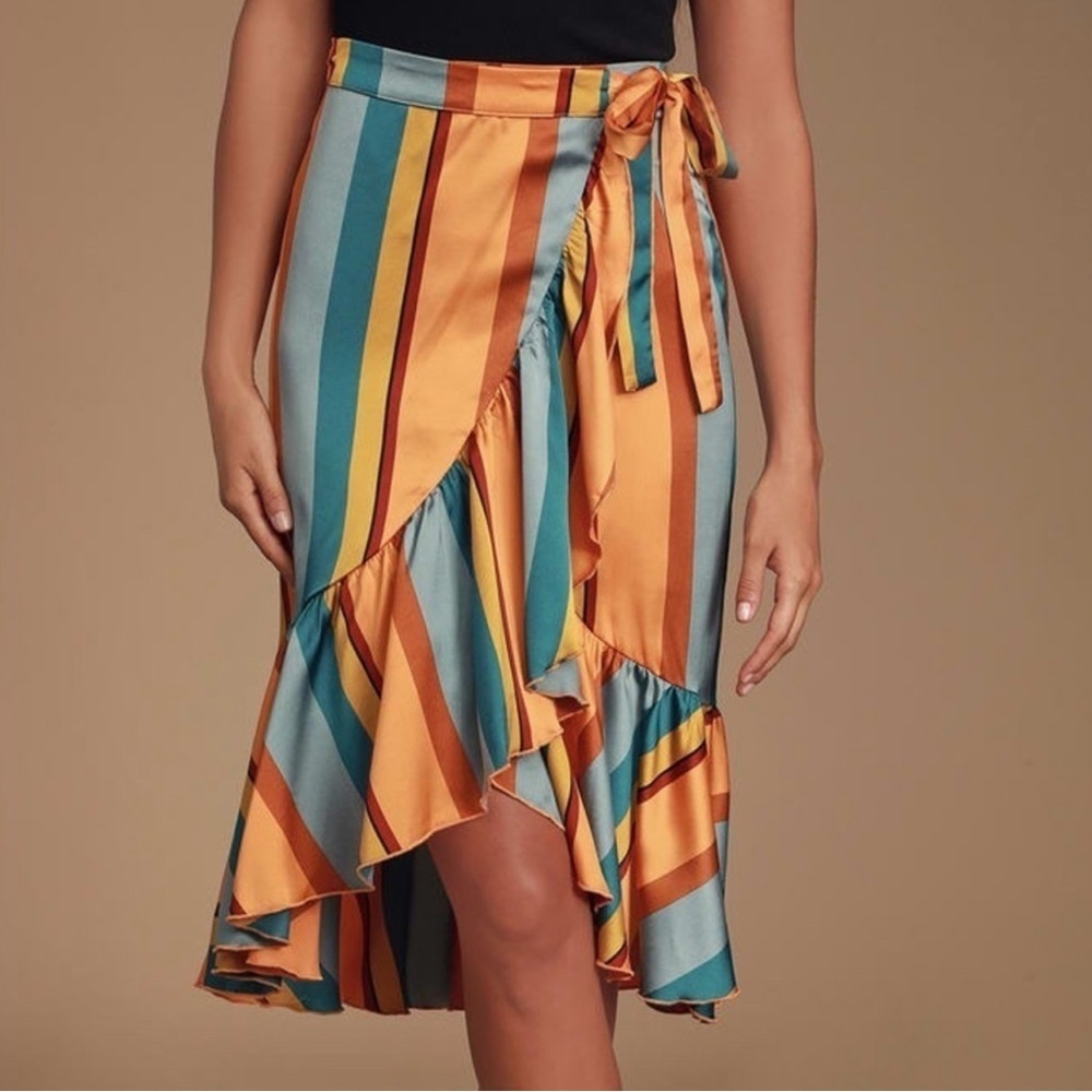 Feeling All Stripe Orange Multi Stripe Satin Midi Wrap Skirt
Small